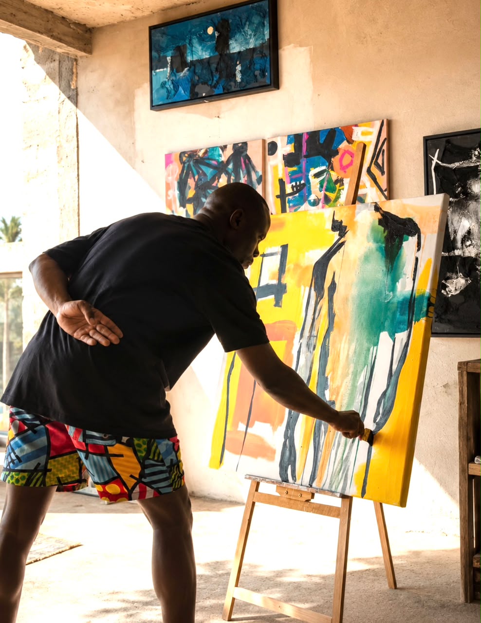 Coana painting at an easel in his studio